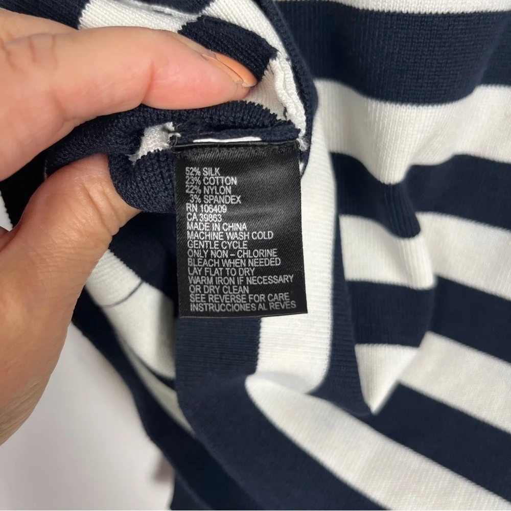 GIANNI BINI Women's Blazer Jacket Striped Dark Navy Blue White L Silk Blend Knit